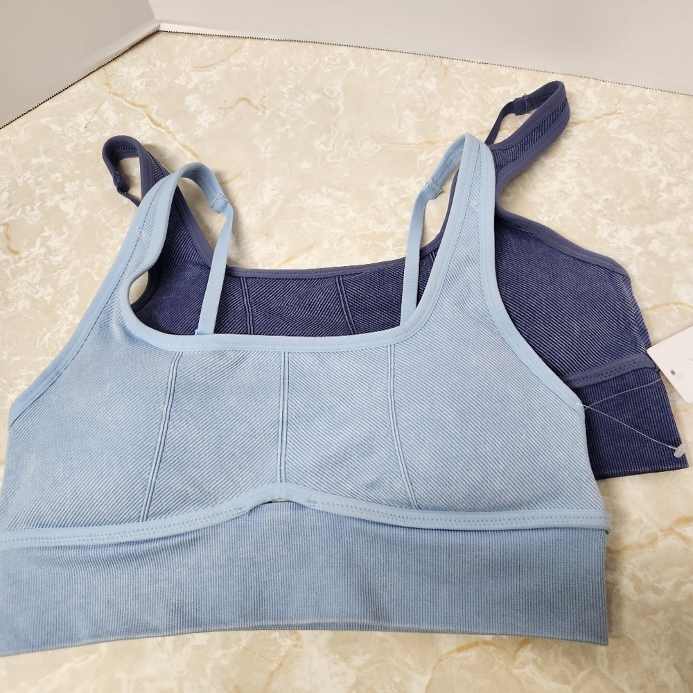 2 Stonewashed Rib Textured Mystic Muse Bra Sz Large Athletic Sports Blue